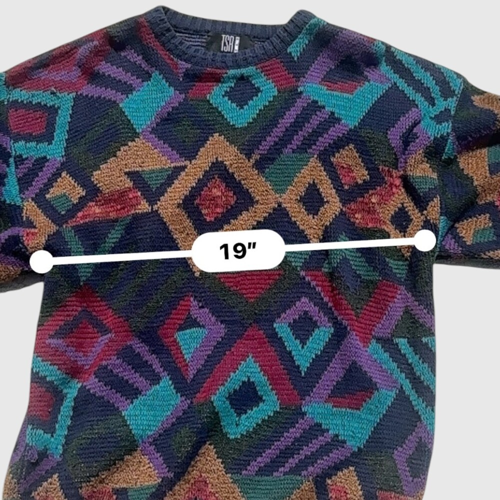 TSR Vintage 90s Abstract Geometric Crewneck Sweater Navy Multicolor USA Made M - Picture 7 of 10